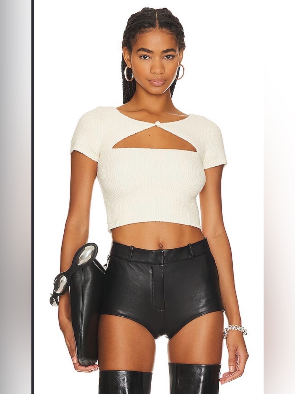 Alexander Wang Boucle V Neck Cut Out Tee in Vanilla Vice Small $547